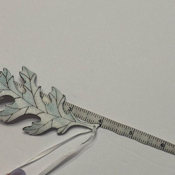 Metal and Enamel White Green Leaf 3 Dimensional Christmas Holiday Ornament - Picture 6 of 6